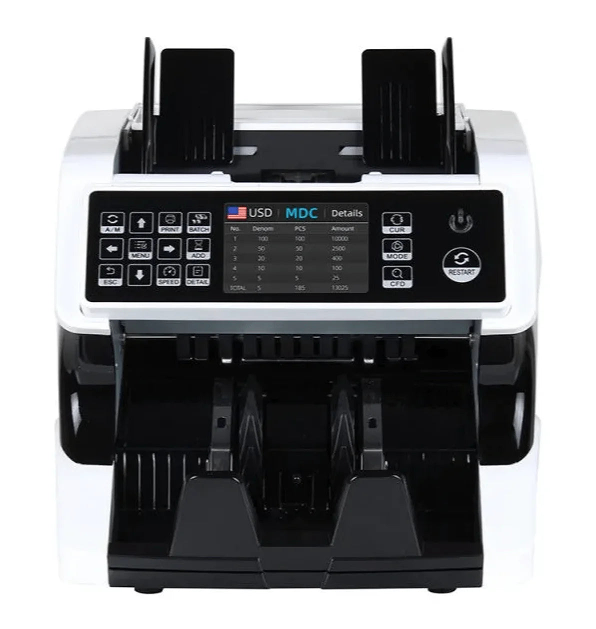 Professional money counter machine with digital display and note hopper, for mixed currency counting and counterfeit detection